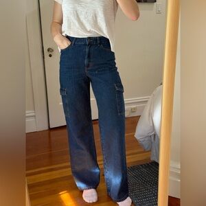 Sezane Flint Trousers - High Waisted Dark Blue Cargo Jeans